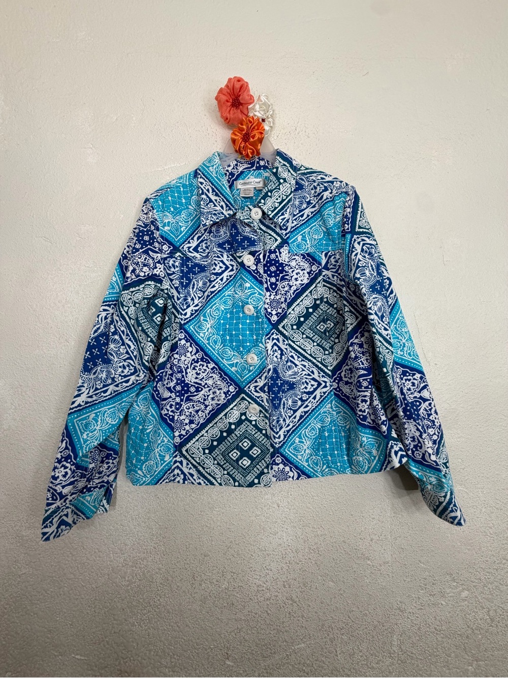 Coldwater Creek Bandana Patchwork Print Button Jacket Blue Size L